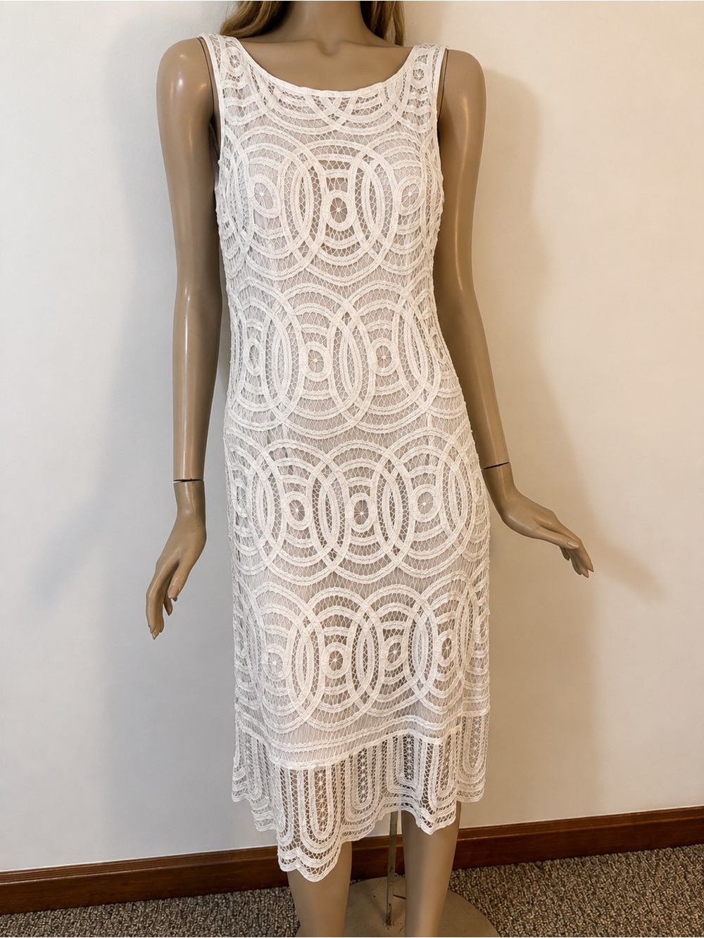 Vintage Y2K NWT Cache White Lace Crochet Midi Dress – Boho Sheath Overlay Dress